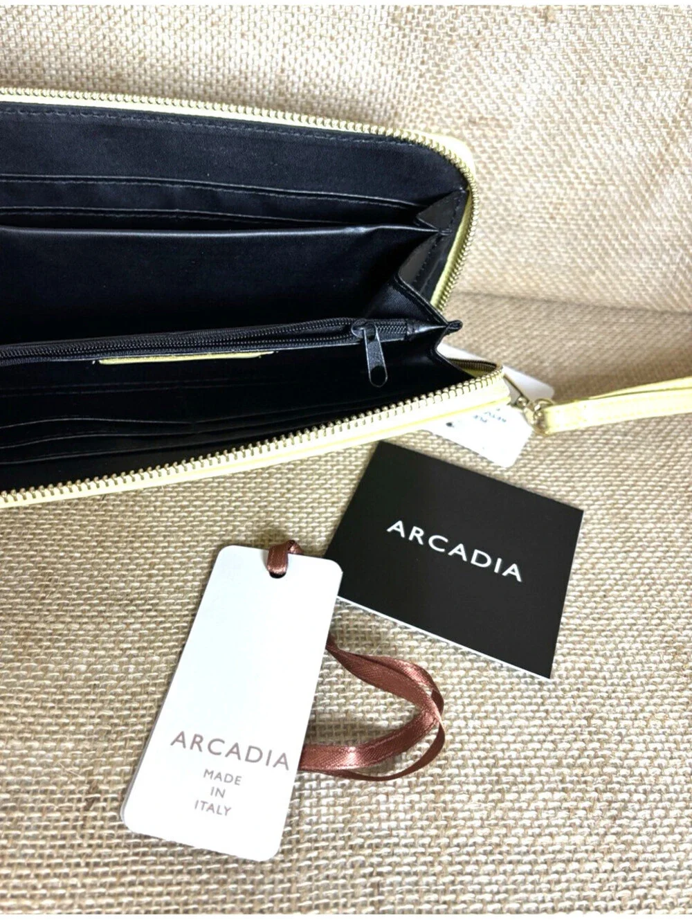 Arcadia Italian Yellow Leather Wallet Wristlet  gold logo and zipper NWT